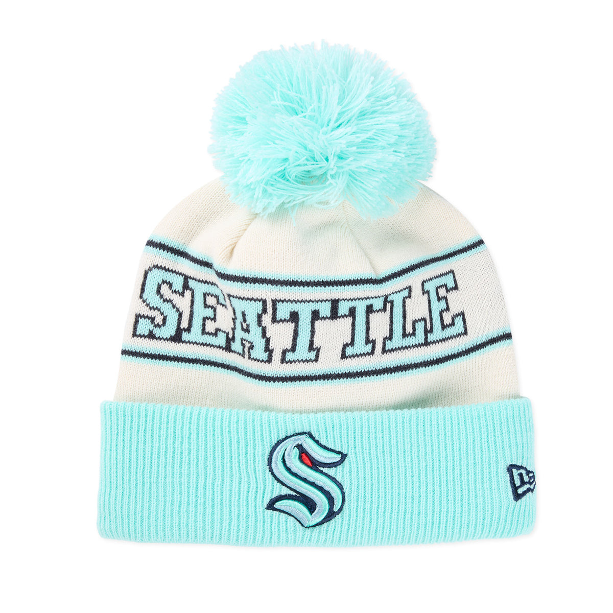 Seattle Kraken New Era Cream Ice Blue Pom Beanie