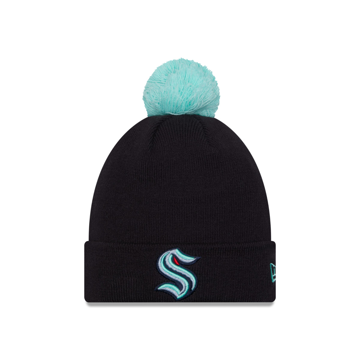 Seattle Kraken New Era Ice Blue and Navy Pom Beanie