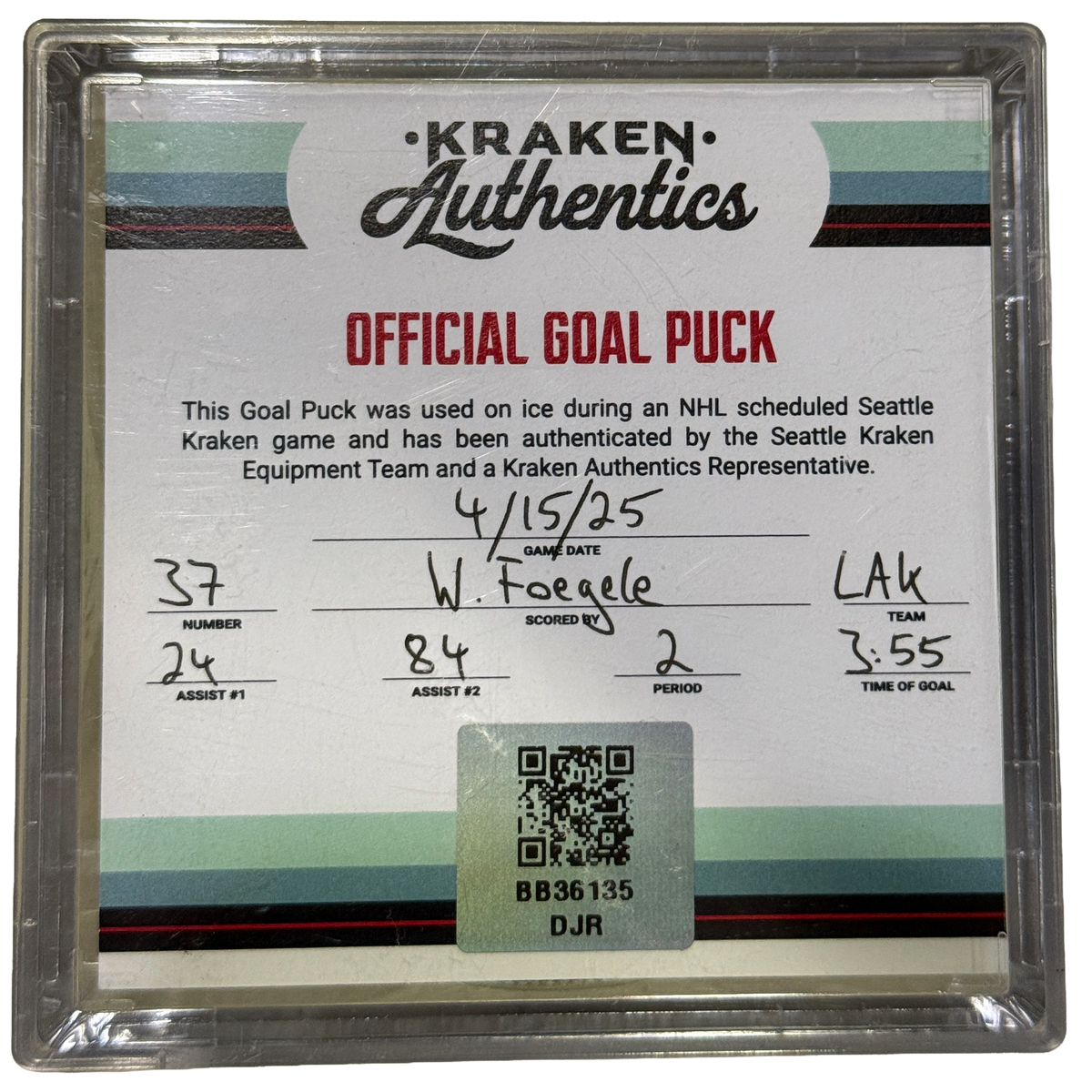 W. Foegele #37 LAK Goal Puck 4.15.25
