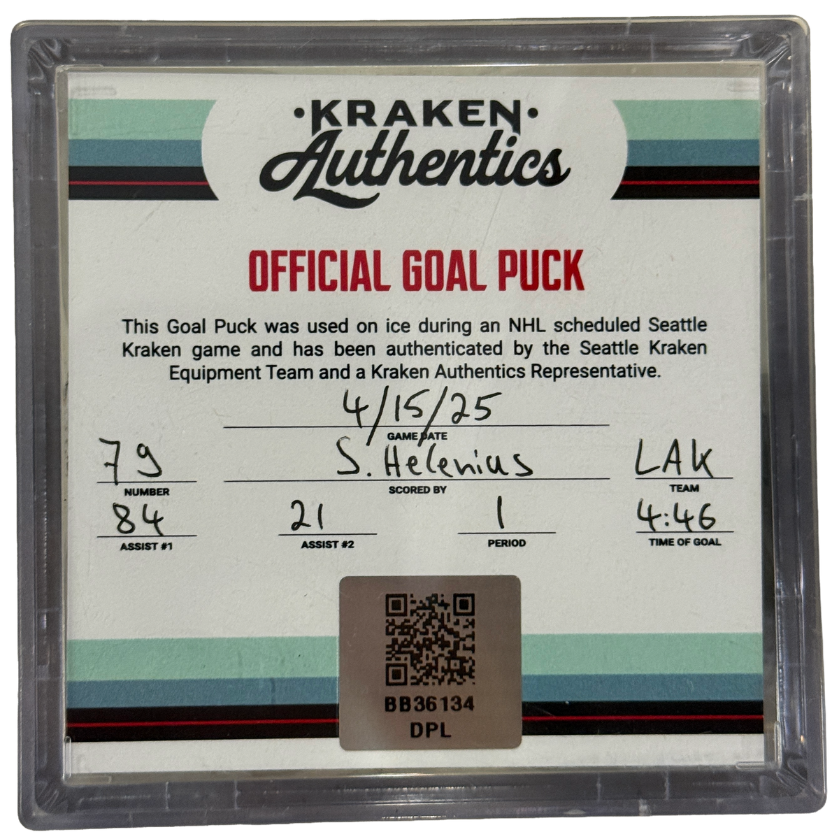 S. Helenius #79 P. 1 Goal Puck LAK 4.15.25