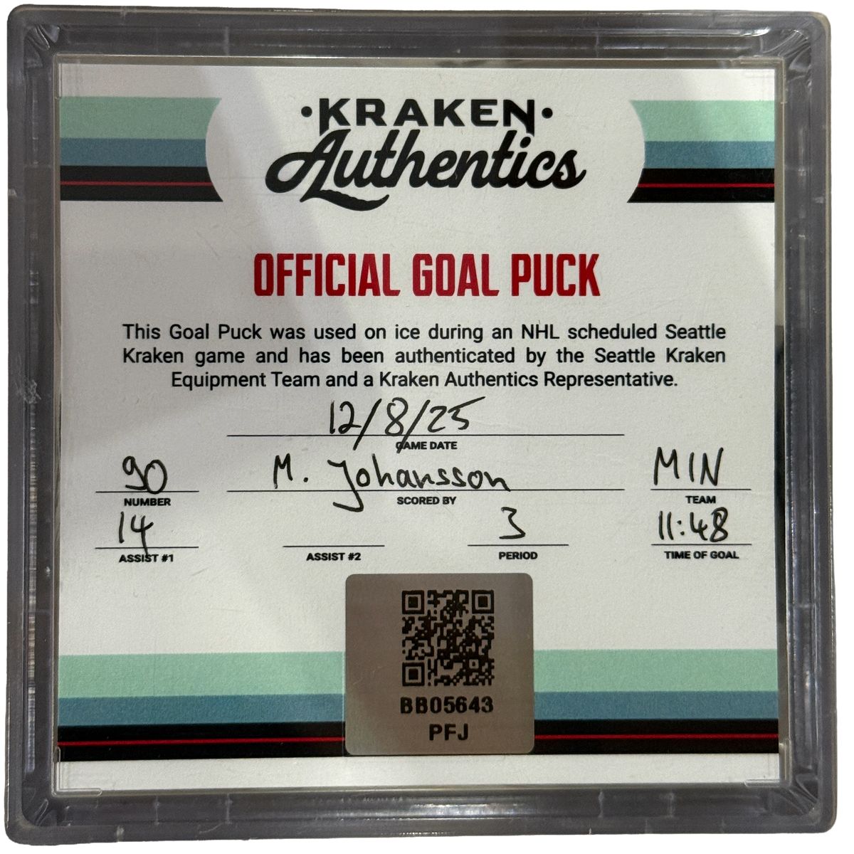 M. Johansson #90 Goal Puck MIN 12.8.25