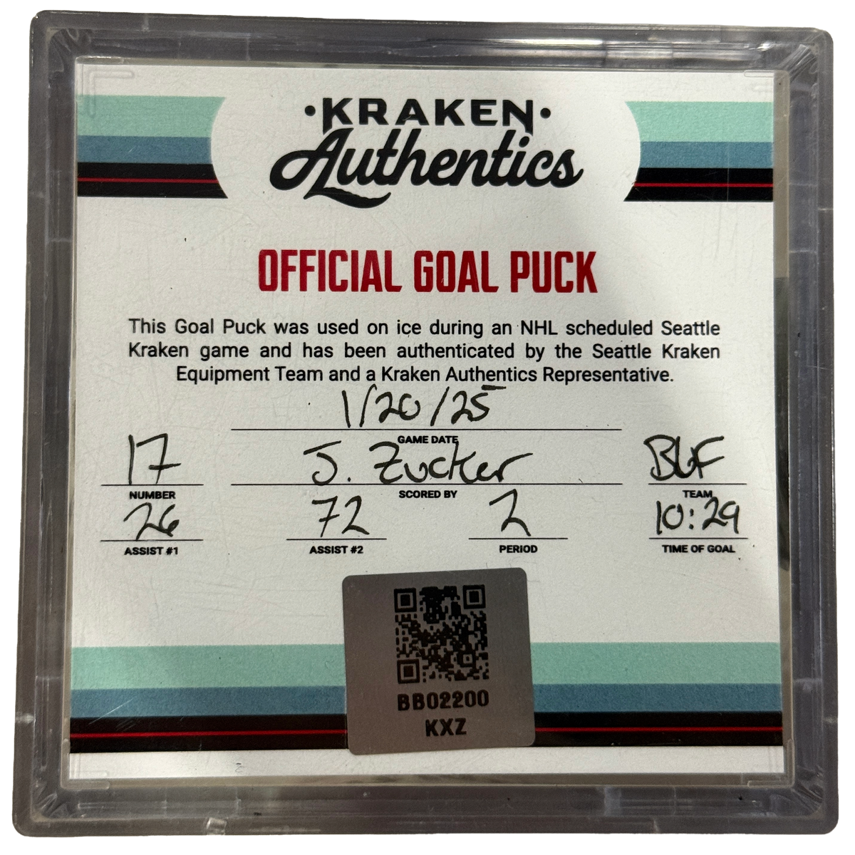 J. Zucker #17 Goal Puck BUF 1.20.25