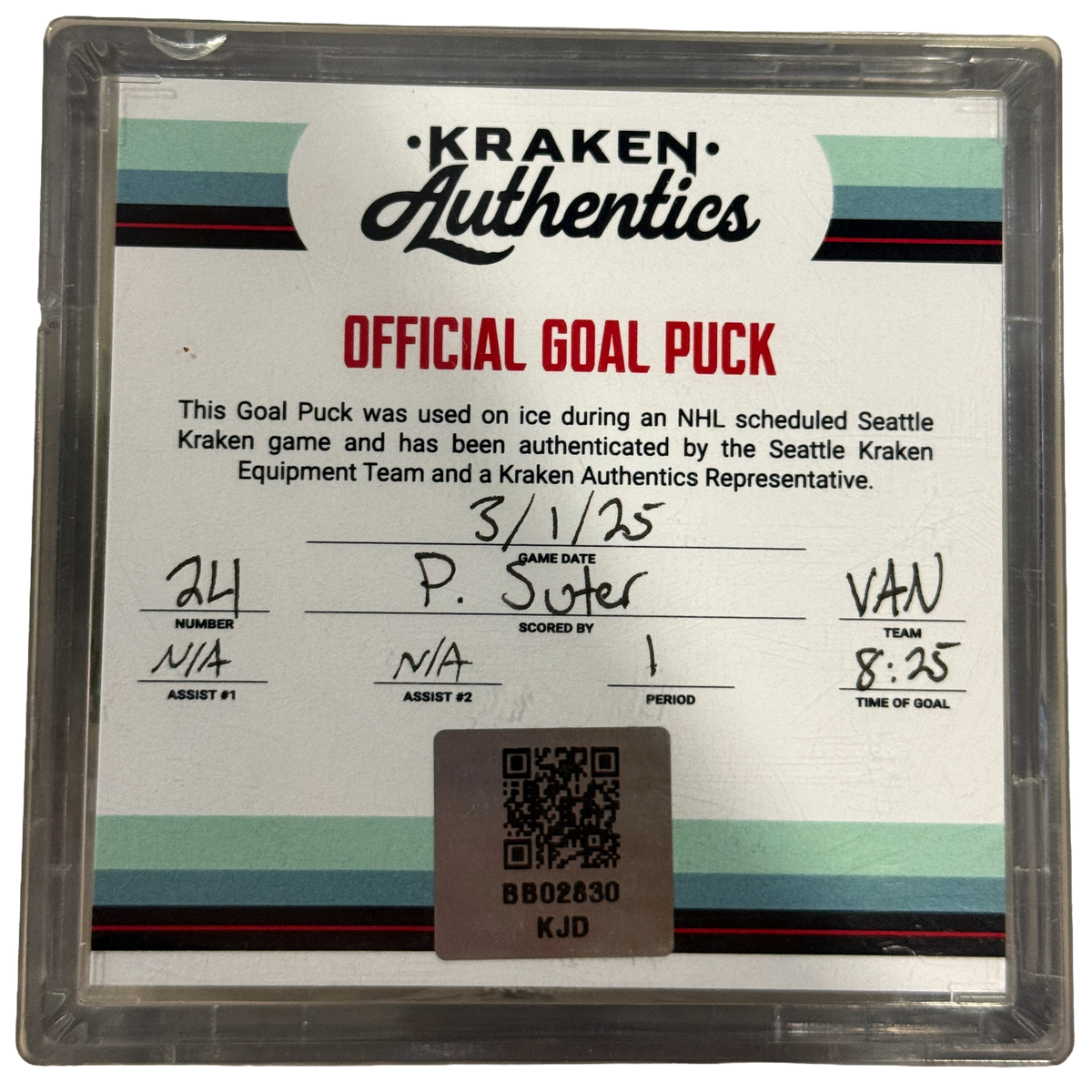 P. Suter #24 Goal Puck VAN 3.1.25