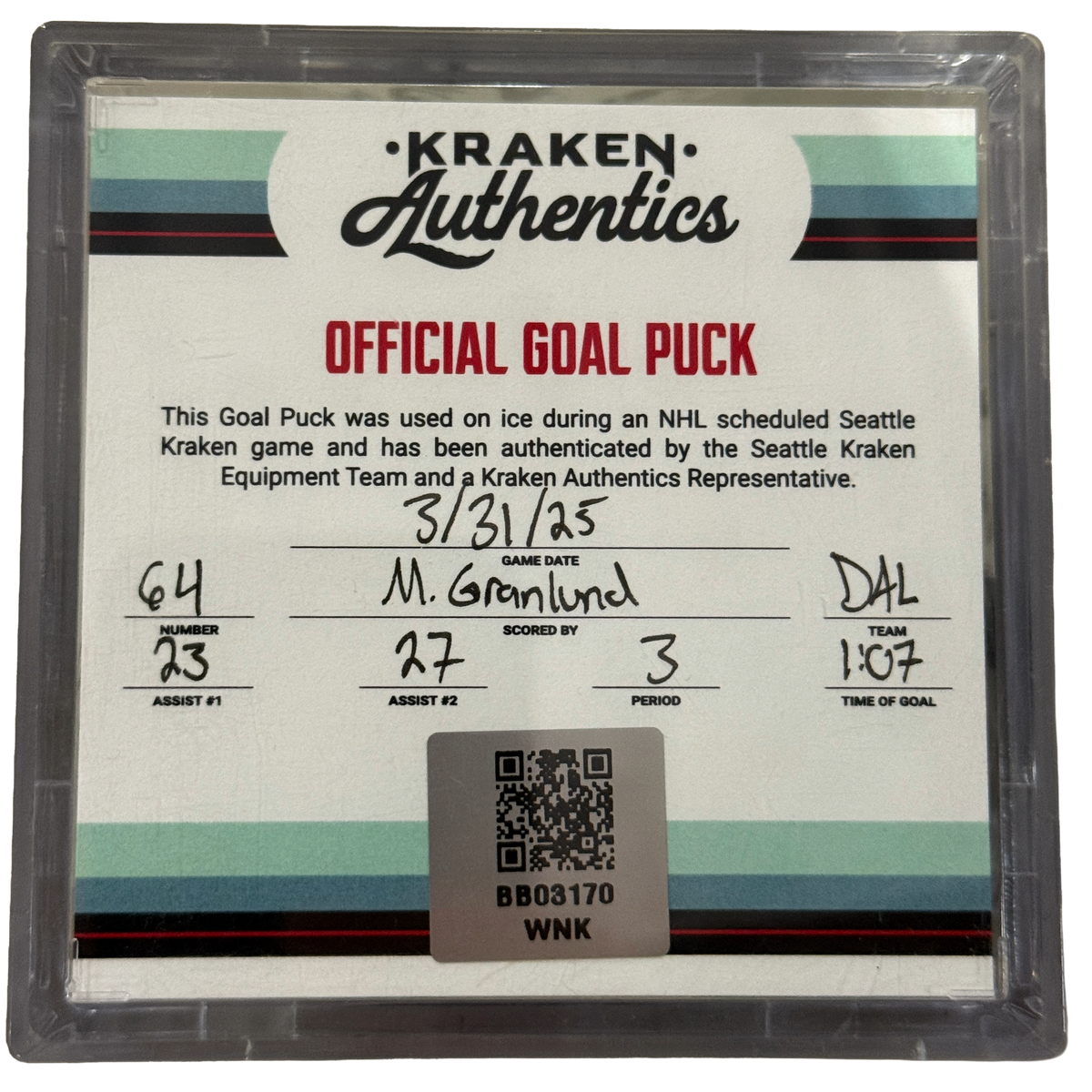 M. Granlund #64 Goal Puck 3.31.25