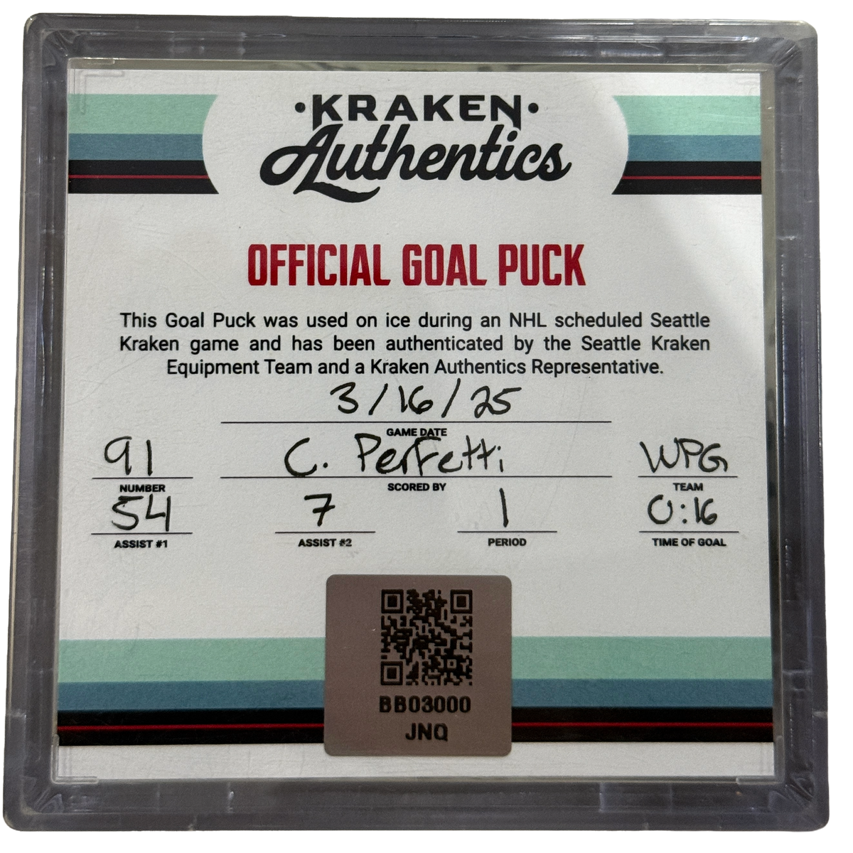 C. Perfetti #91 Goal Puck WPG 3.16.25