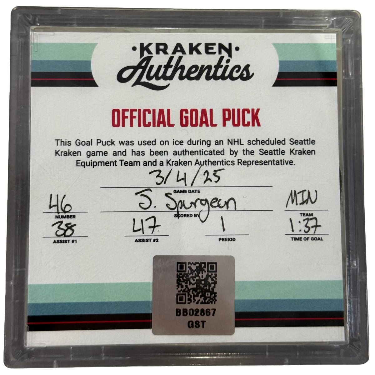 J. Spurgeon #46 Goal Puck MIN 3.4.25