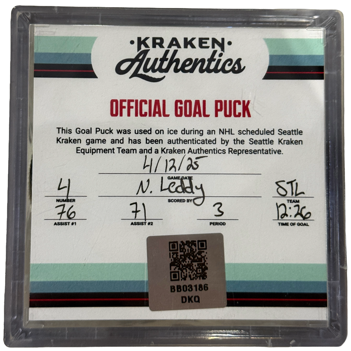 N. Leddy #4 Goal Puck STL 4.12.25