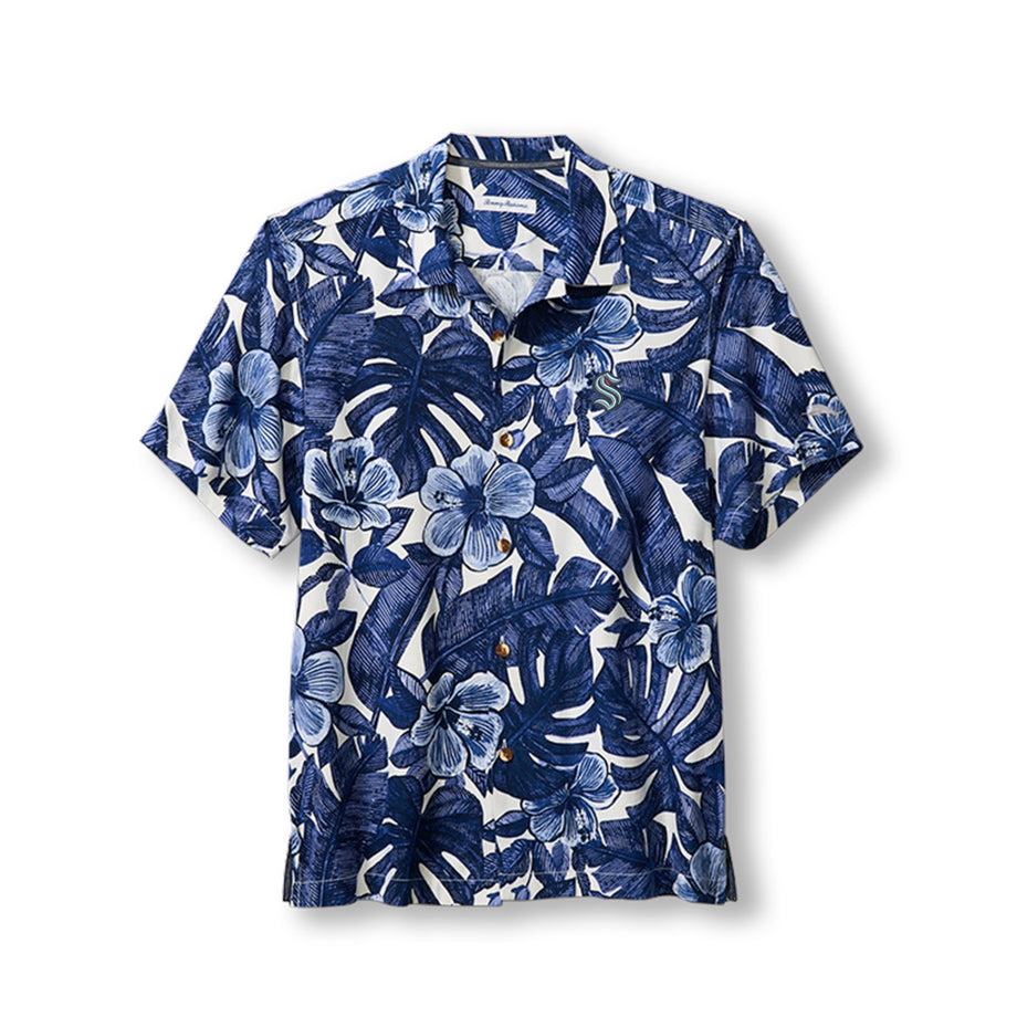 Seattle Kraken Mens Tommy Bahama Floral Lush Camp Shirt - Blue Note / LG