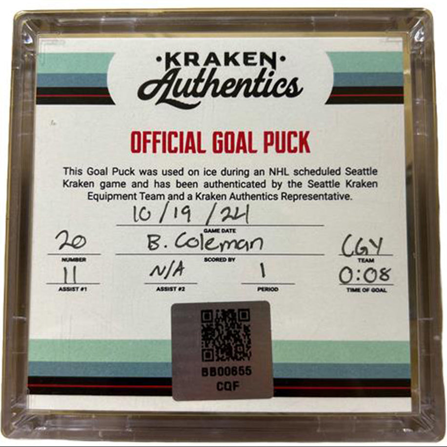 B. Coleman #20 Goal Puck CGY 10.19.24