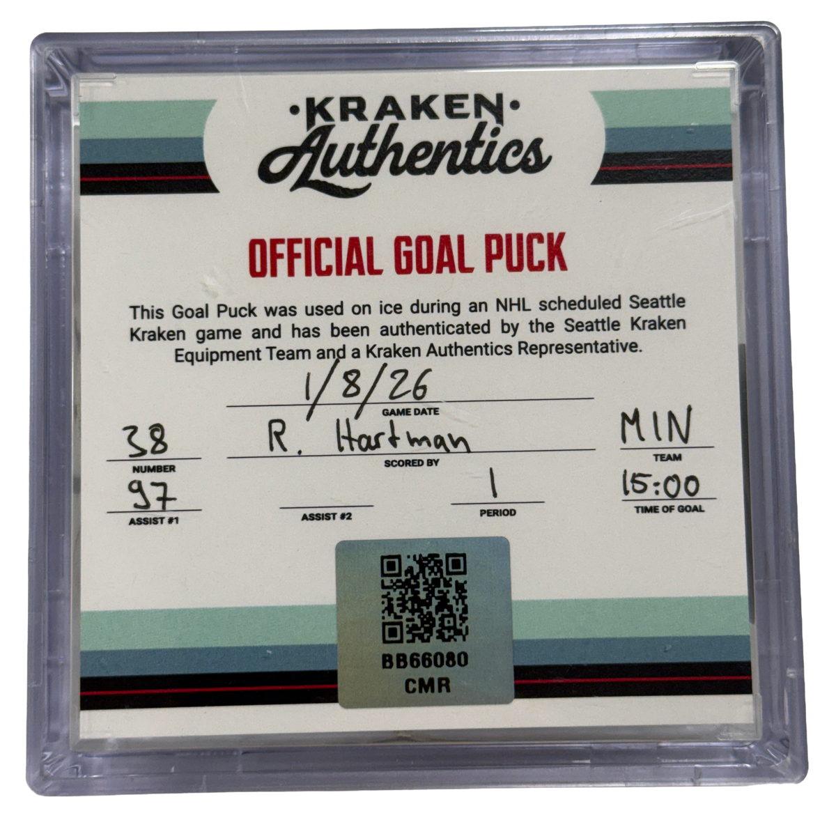 R. Hartman #38 MIN Goal Puck 1.8.26