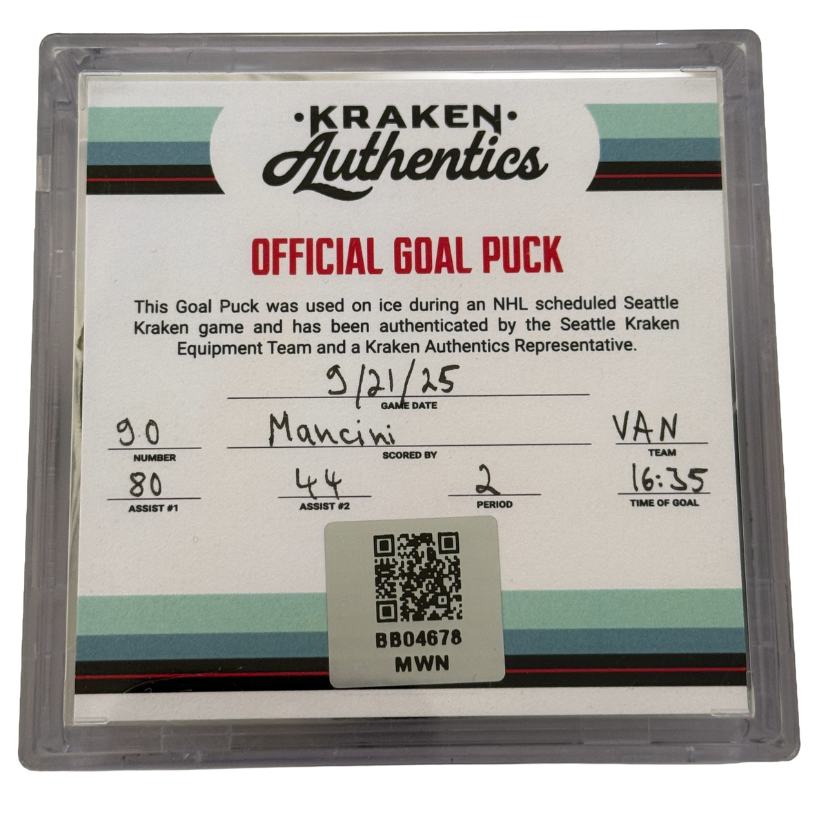 V. Mancini Goal Puck VAN 9.21.25