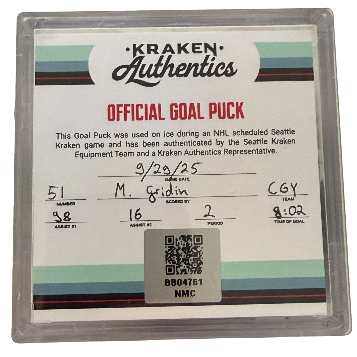 M. Gridin Goal puck CGY 9.29.25