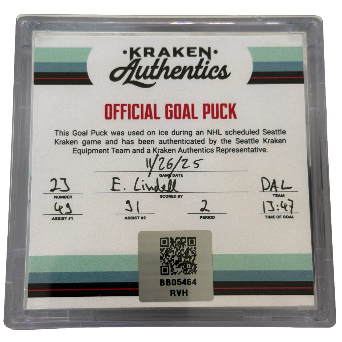 E. Lindell DAL Goal puck 11.26.25