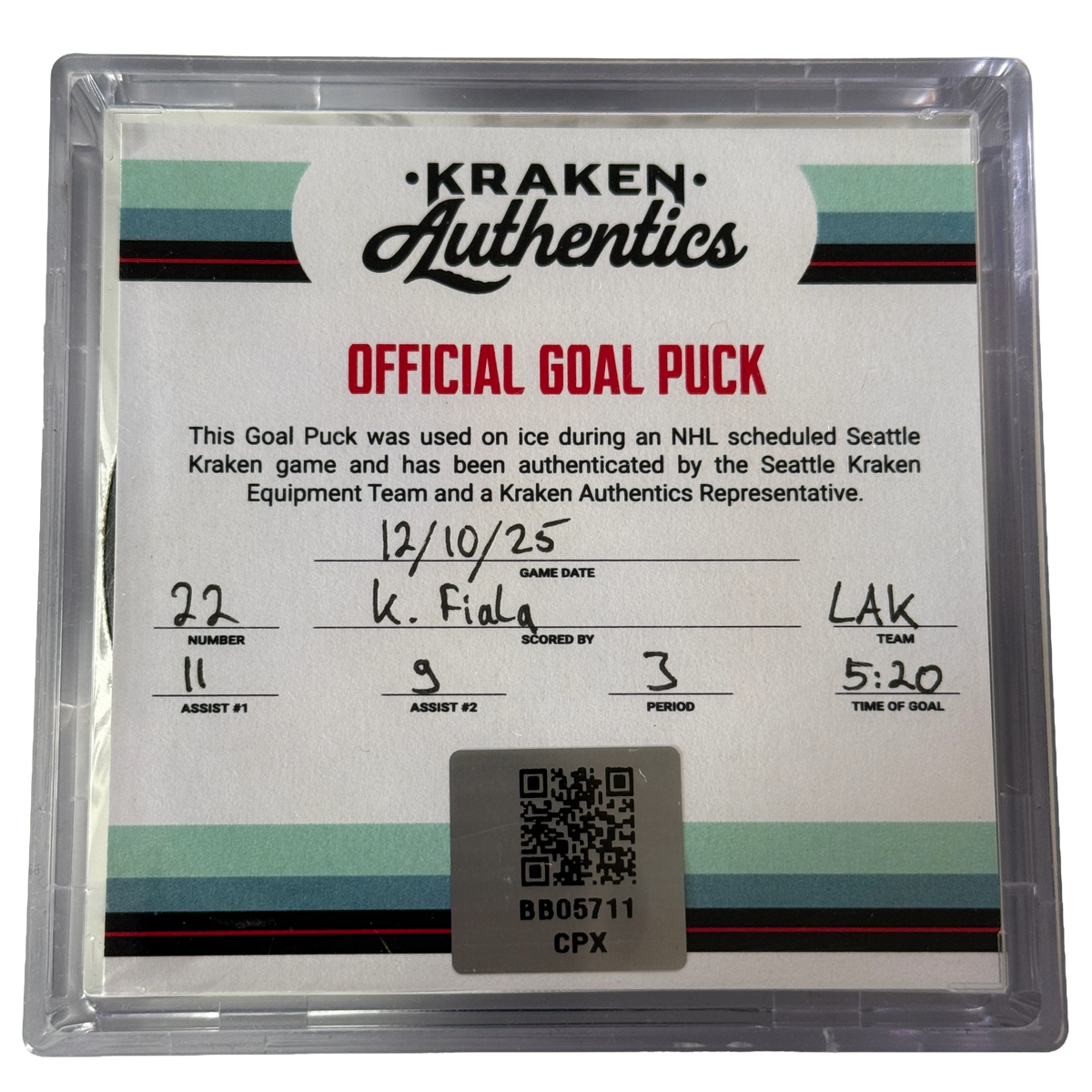 K. Fiala #22 Goal Puck LAK 12.10.25
