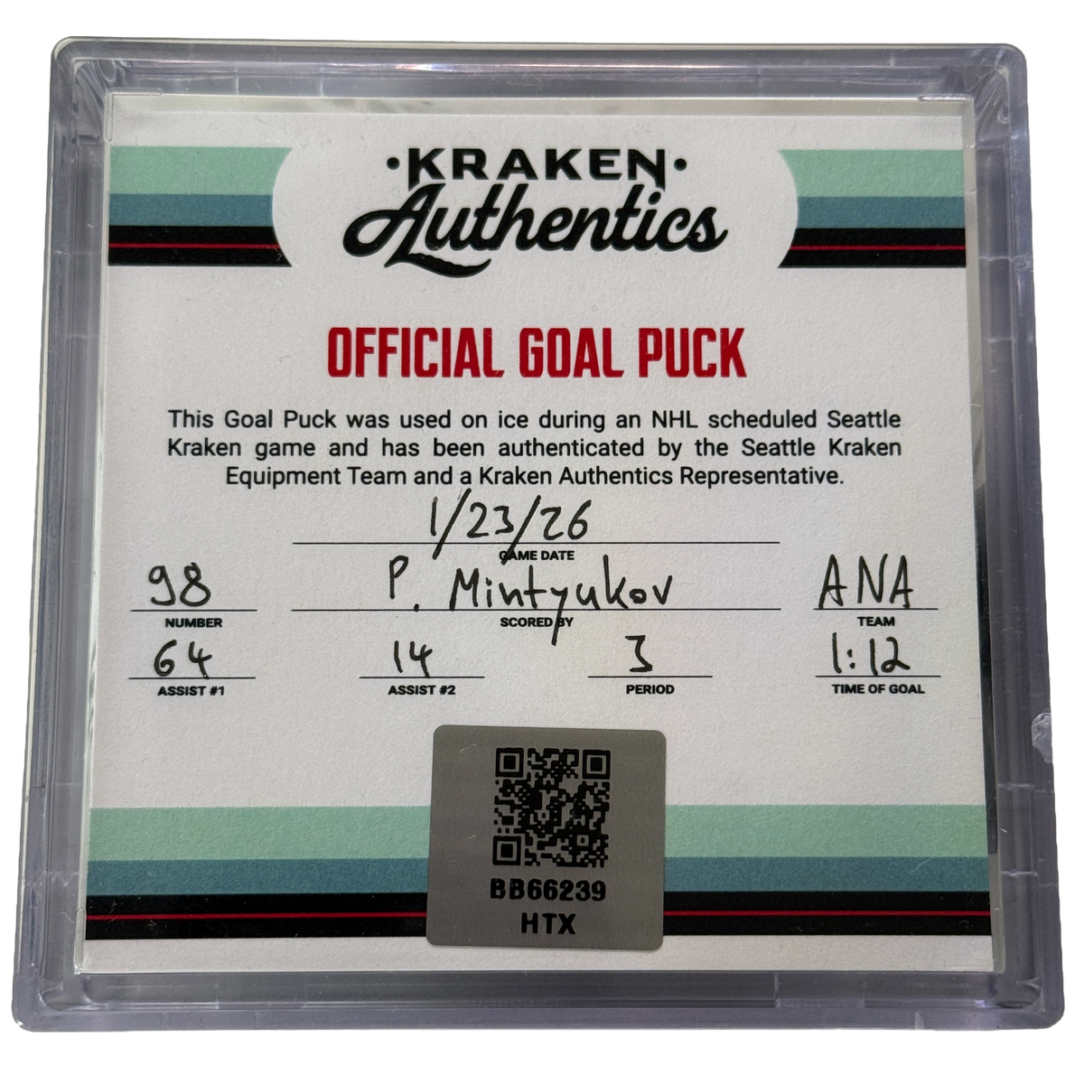 P. Mintyukov #98 ANA Goal Puck 1.23.26