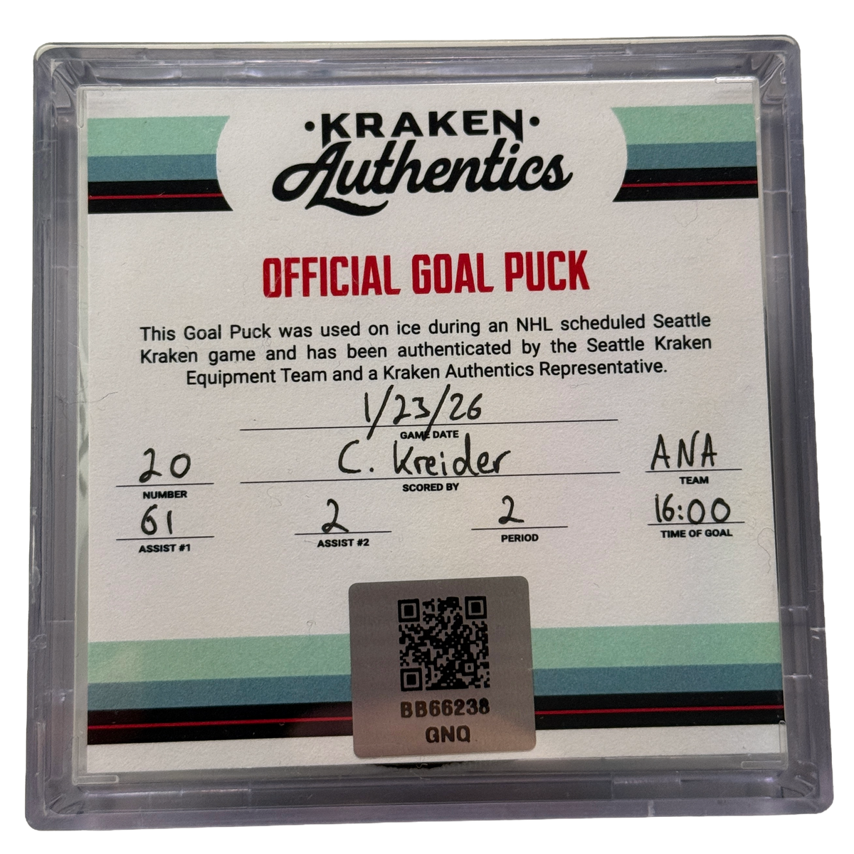 C. Kreider #20 ANA Goal Puck 1.23.26