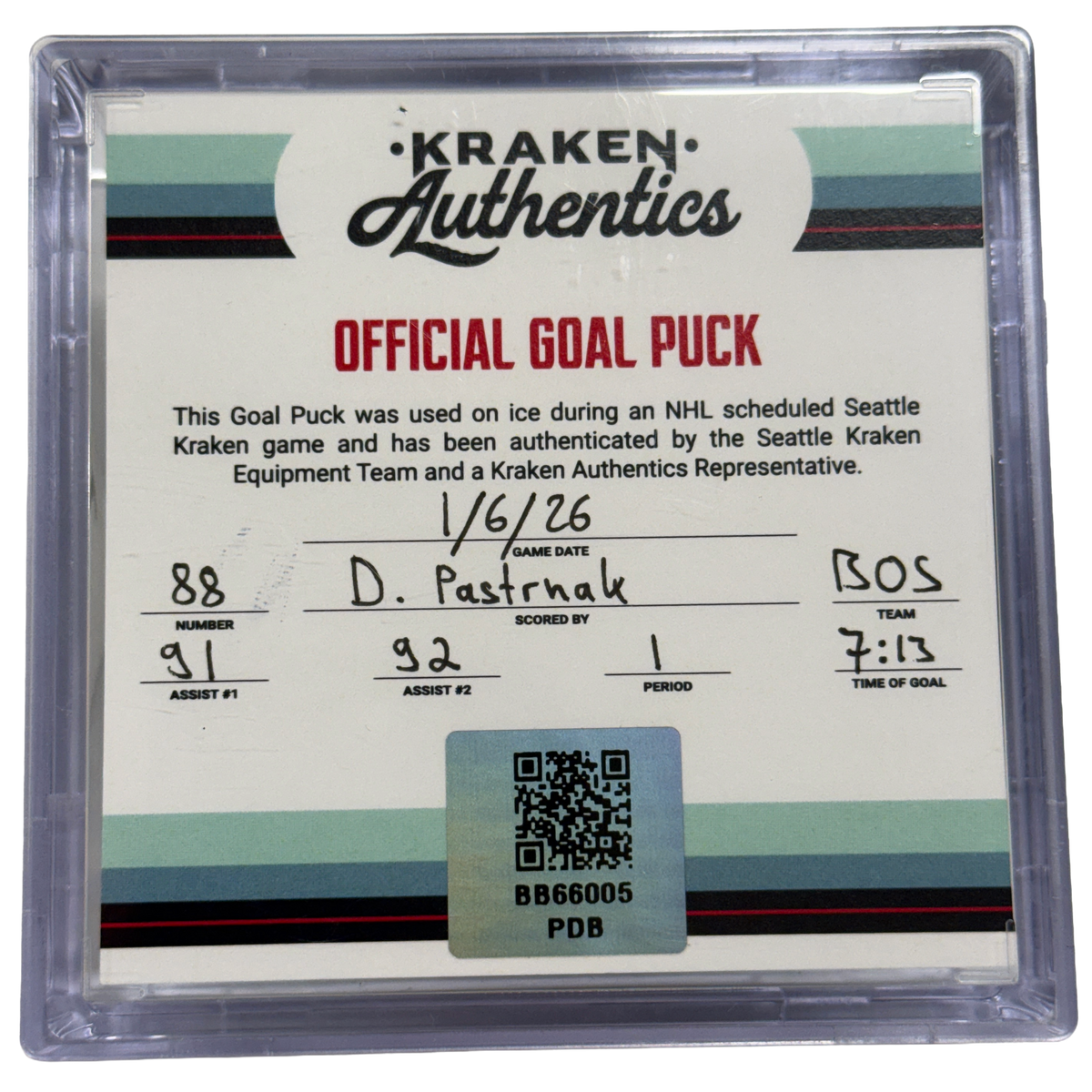 D. Pastrnak #88 Goal Puck P. 1 BOS  1.6.26