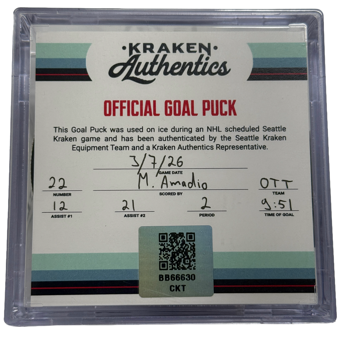 M. Amadio #22 OTT Goal Puck 3.7.26