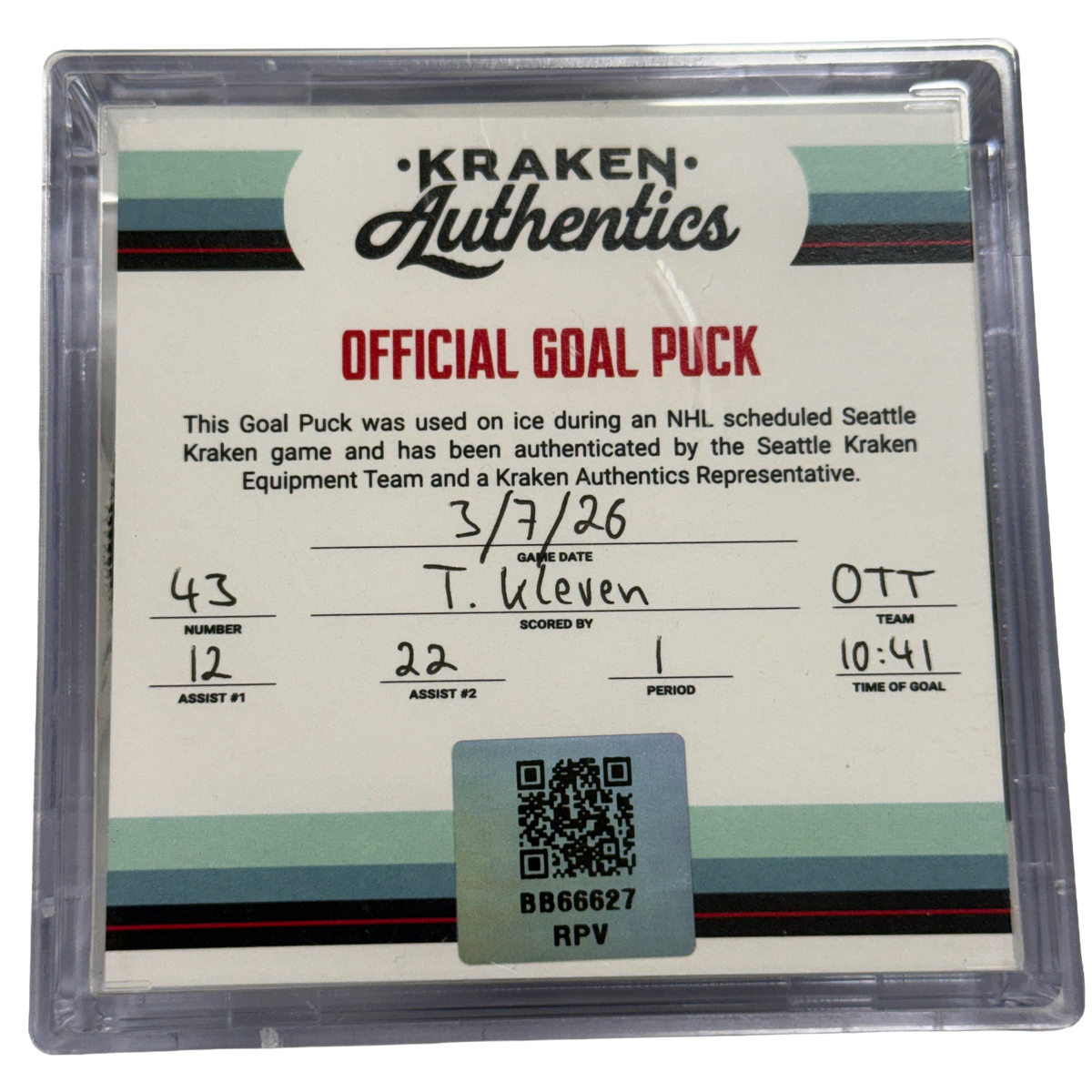 3.7.26 T. Kleven #43 OTT Goal Puck