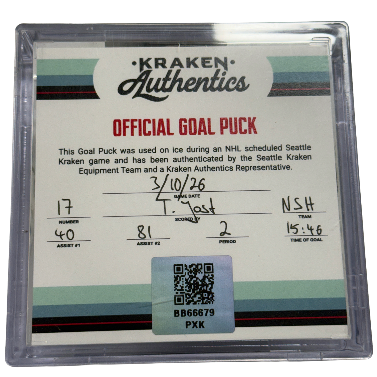 T. Jost #17 NSH Goal Puck 3.10.26