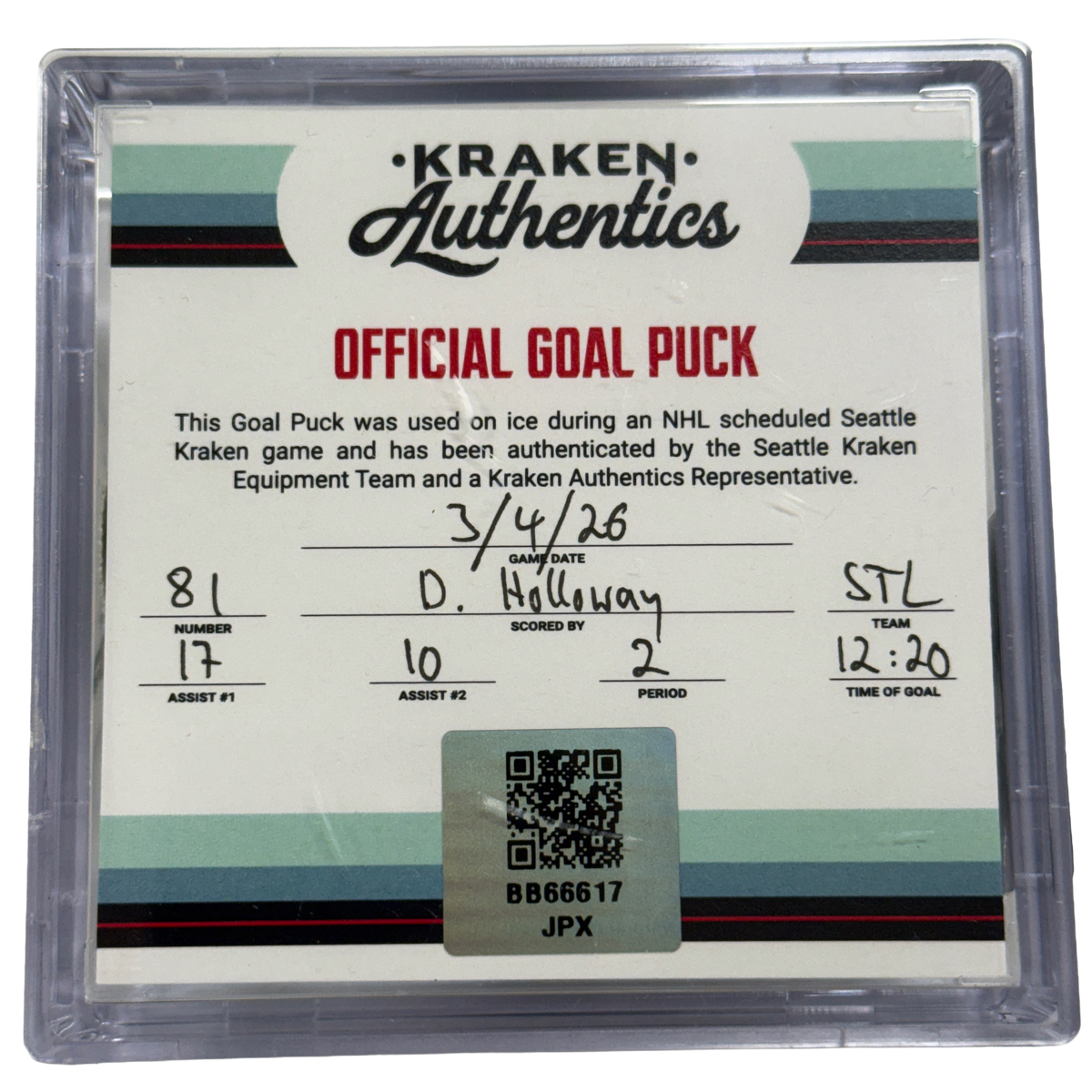 D. Holloway #81 STL Goal Puck 3.4.26