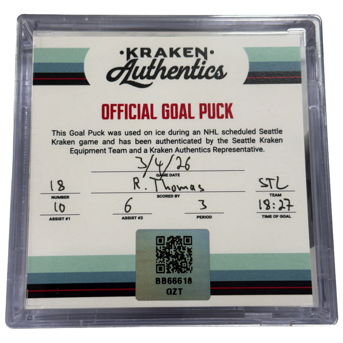 R. Thomas #18 STL Goal Puck 3.4.26