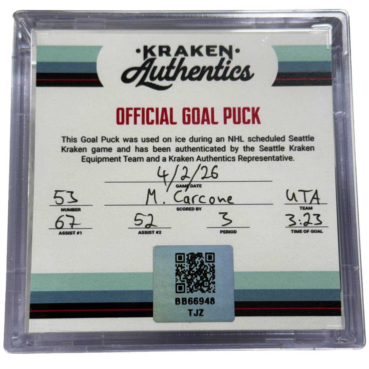 M. Carcone #53 UTA Goal Puck 4.2.26