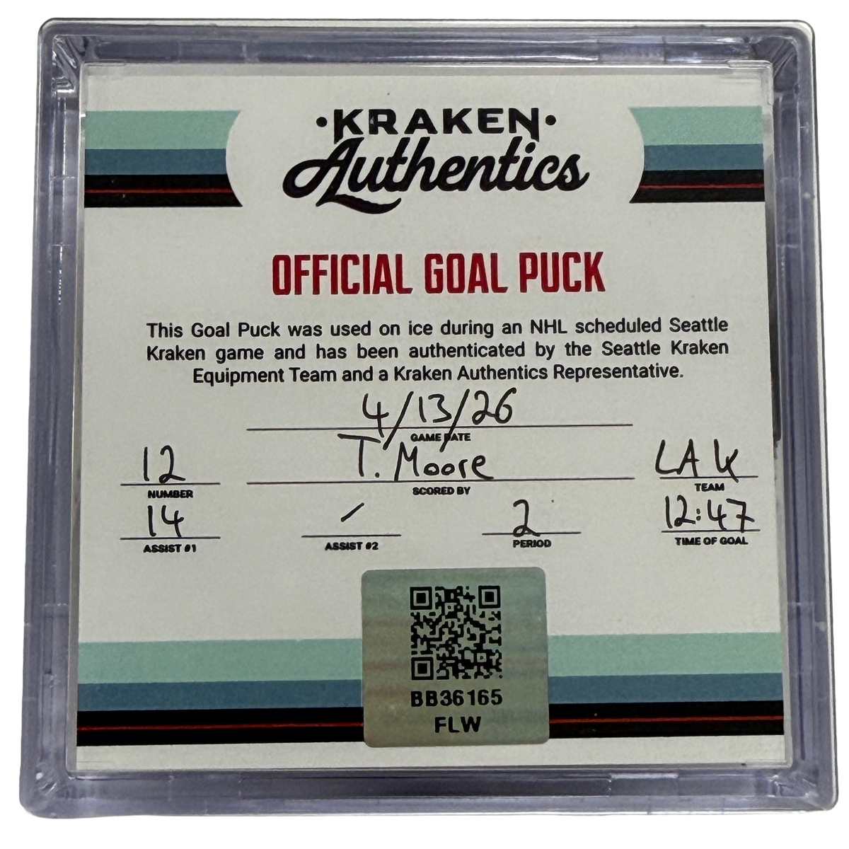 T. Moore #12 LAK Goal Puck 04.13.26