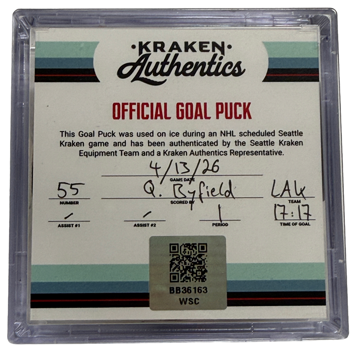 Q. Byfield #55 1/2 LAK Goal Puck 04.13.26
