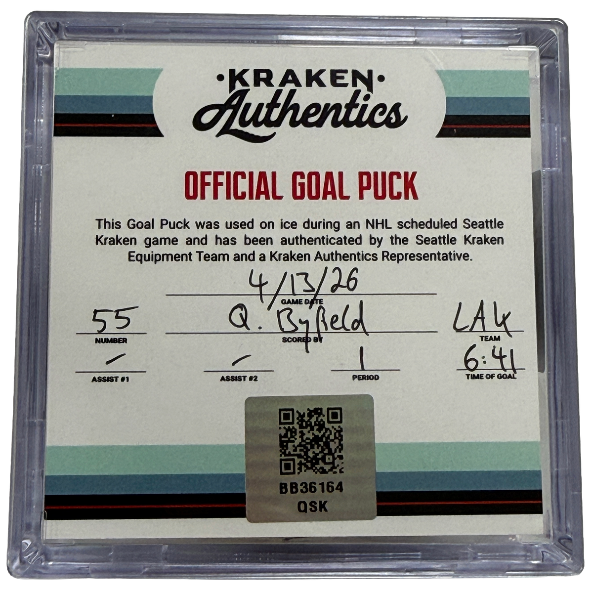 04.13.26 Q. Byfield #55 2/2 LAK Goal Puck