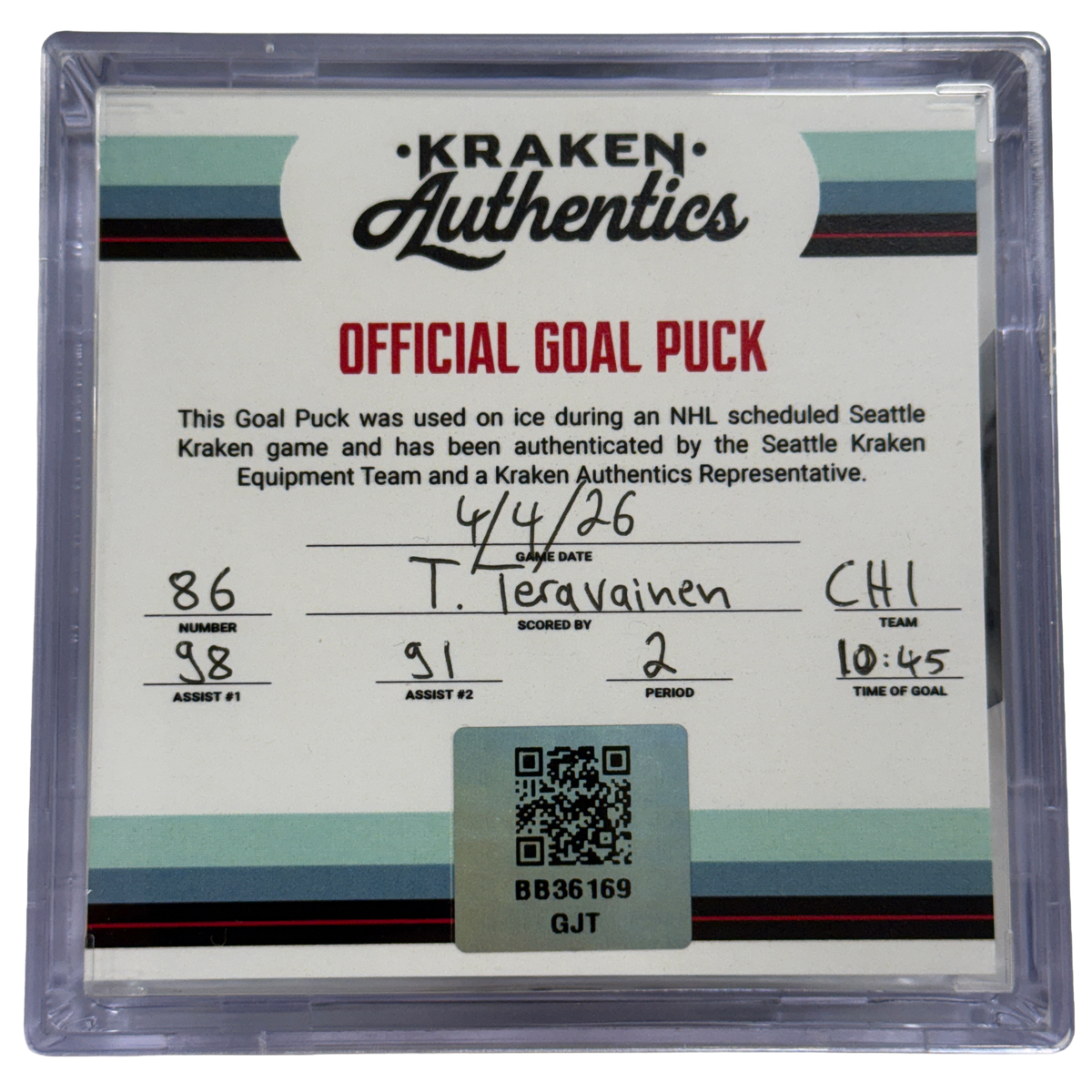 T. Teravainen #86 CHI Goal Puck 04.4.26