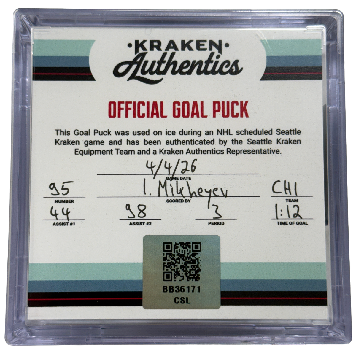 I. Mikheyev #95 CHI Goal Puck 04.4.26
