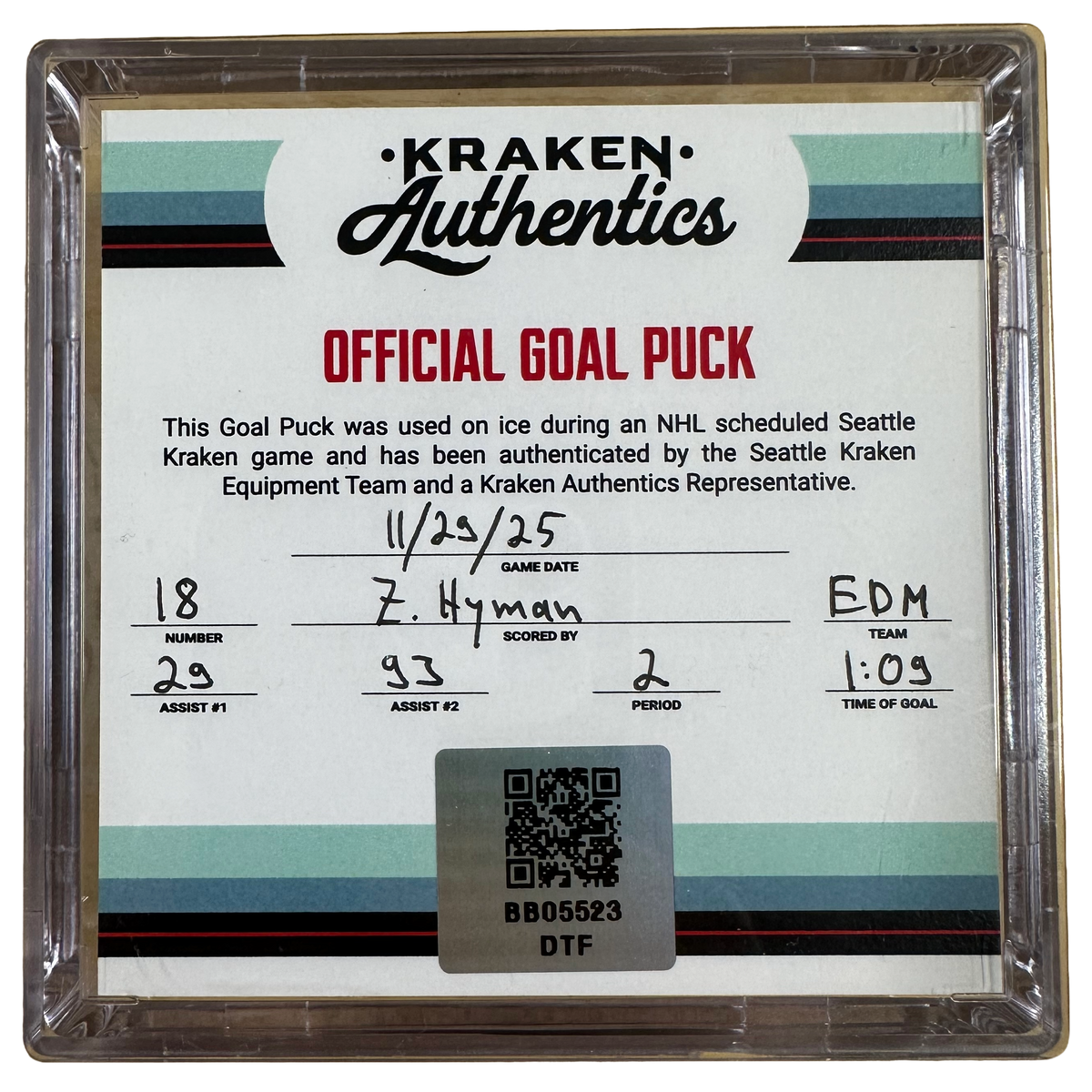 Z. Hyman #18 Goal puck EDM 11.29.25