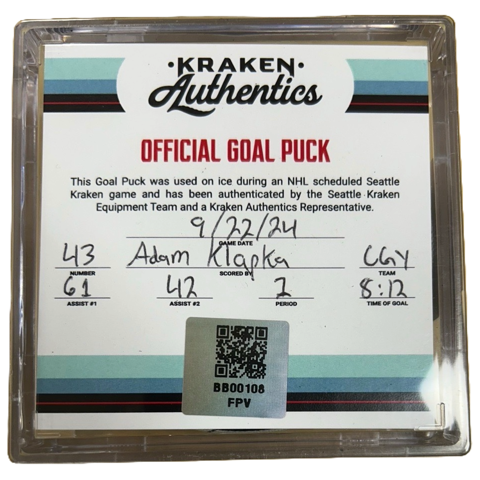 A. Klapka #43 Goal Puck CGY 9.22.24
