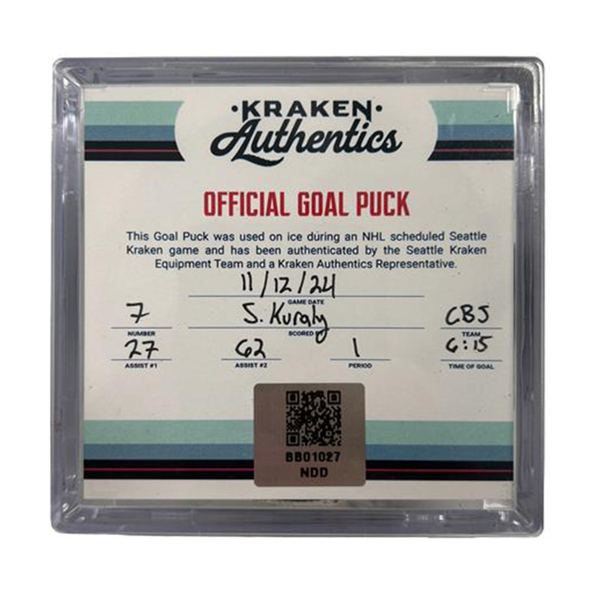 S. Kuraly #7 Goal Puck CBJ 11.12.24