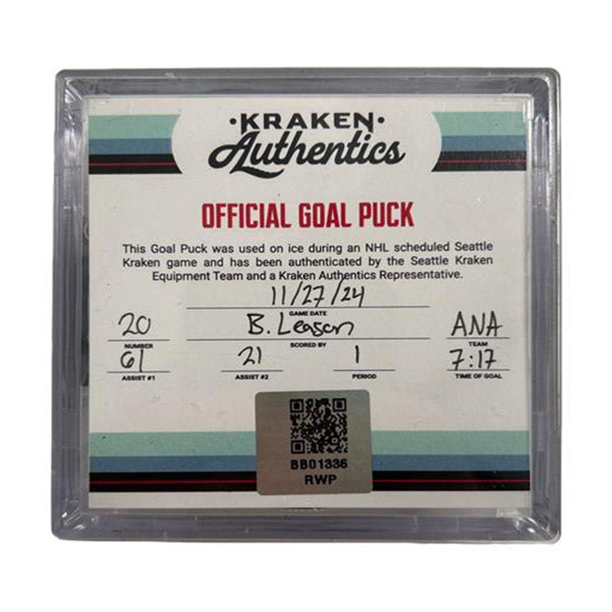 B. Leason #20 Goal Puck ANA - 11.27.24