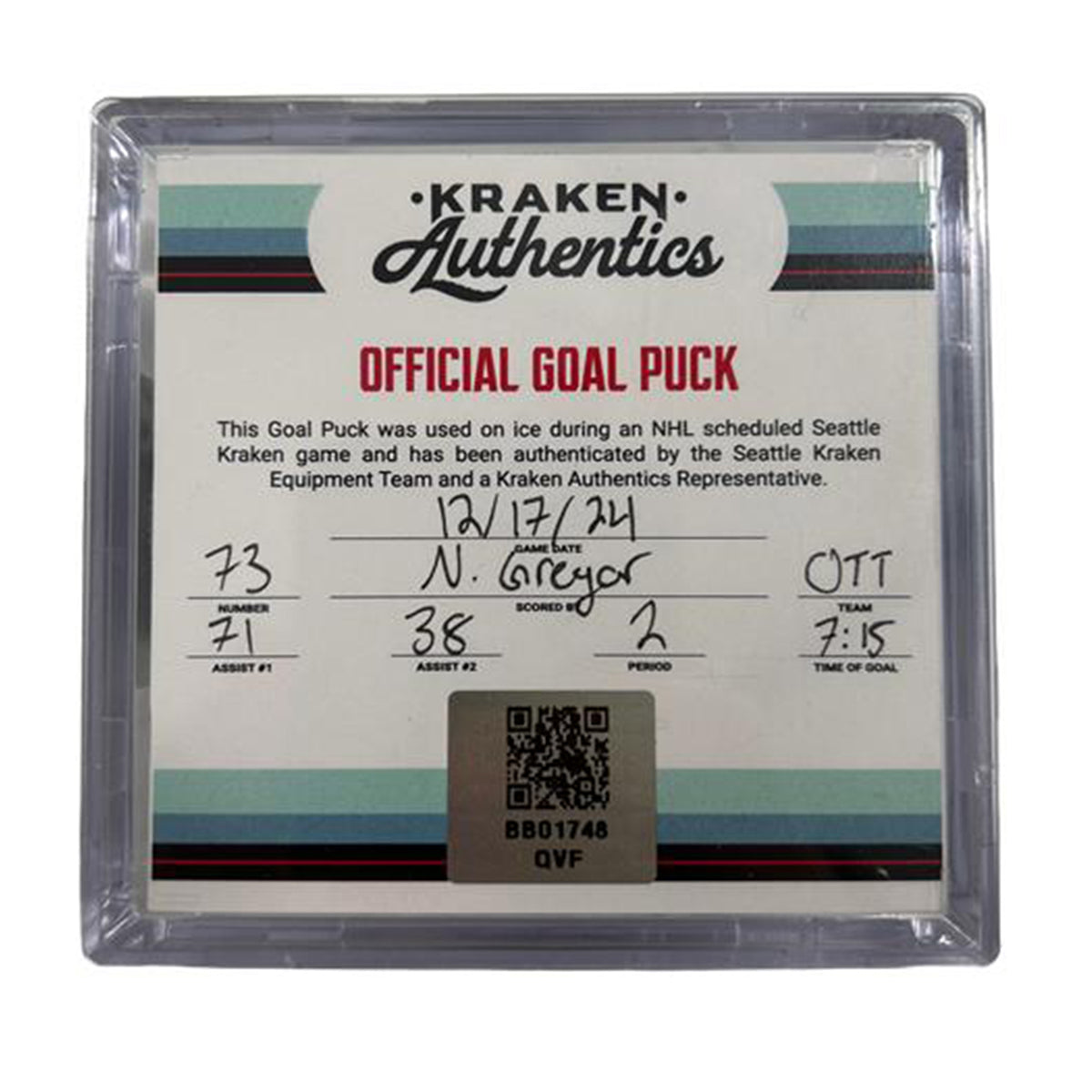 N. Gregor #73 Goal Puck 12.17.24