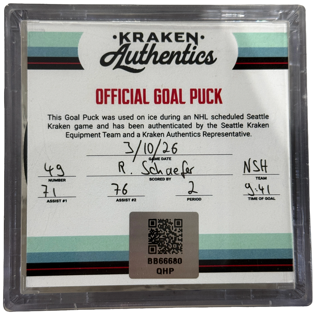 R. Schaefer #49 NSH Goal Puck 3.10.26