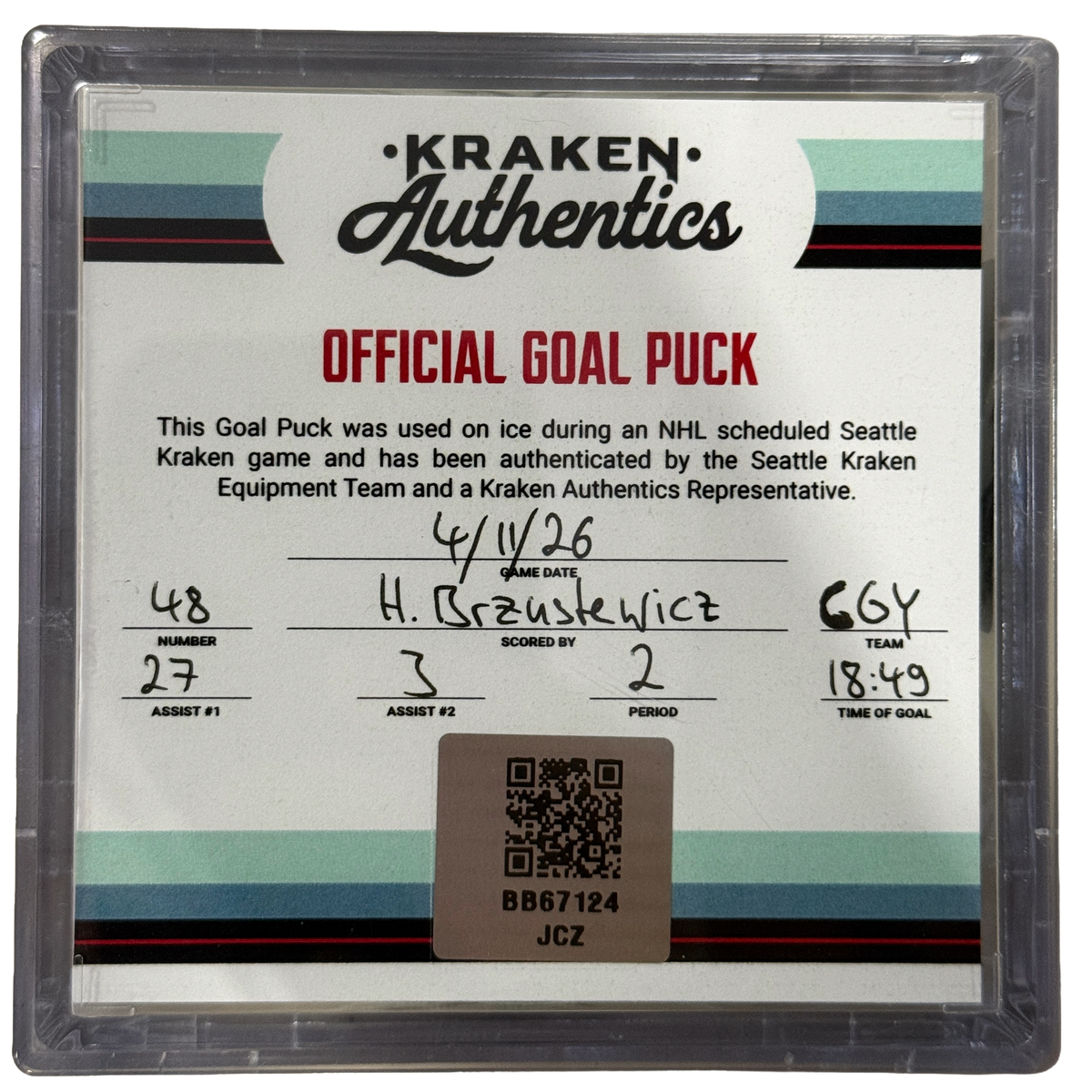H. Brzustewicz #48 CGY Goal Puck 04.11.26