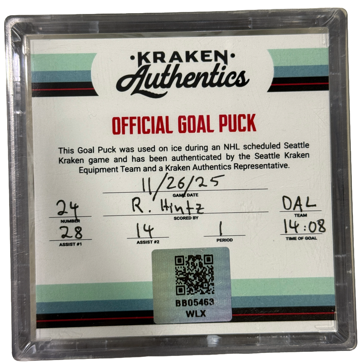 R. Hintz Goal puck SEA-DAL 11.26.25