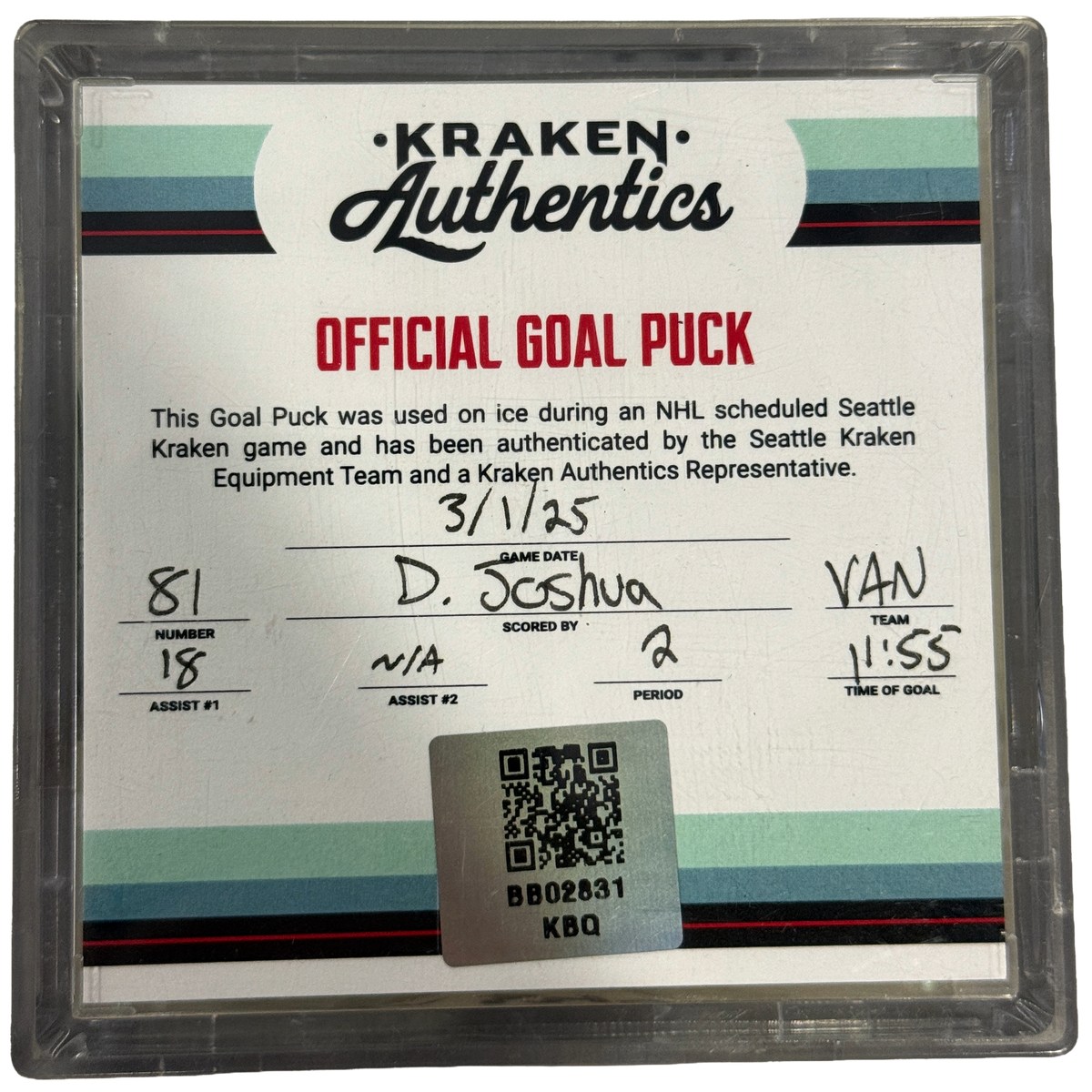 D. Joshuea #81 Goal Puck VAN 3.1.25