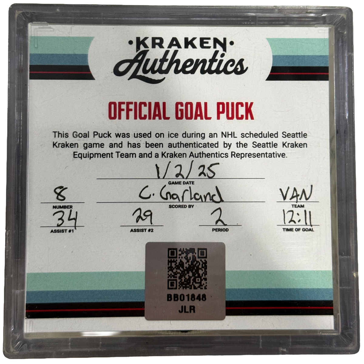 C. Garland #8 Goal Puck VAN 1.2.25