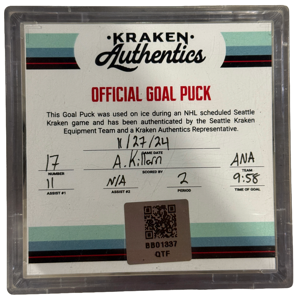 A. Killorn #17 Goal Puck ANA 11.27.24