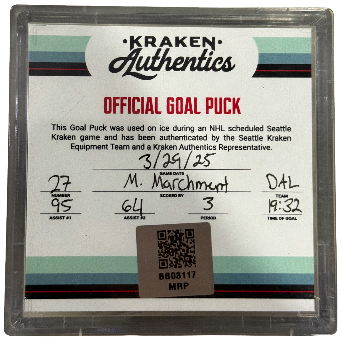 M. Marchment #27 Goal Puck DAL 3.29.25