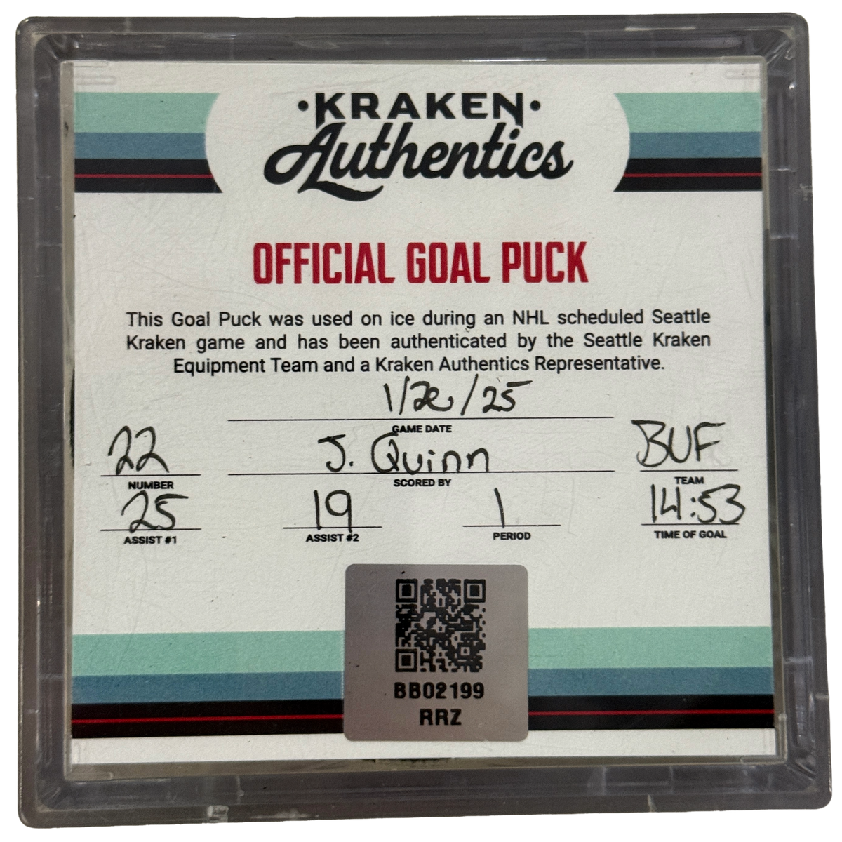 J. Quinn #22 Goal Puck BUF 1.20.25